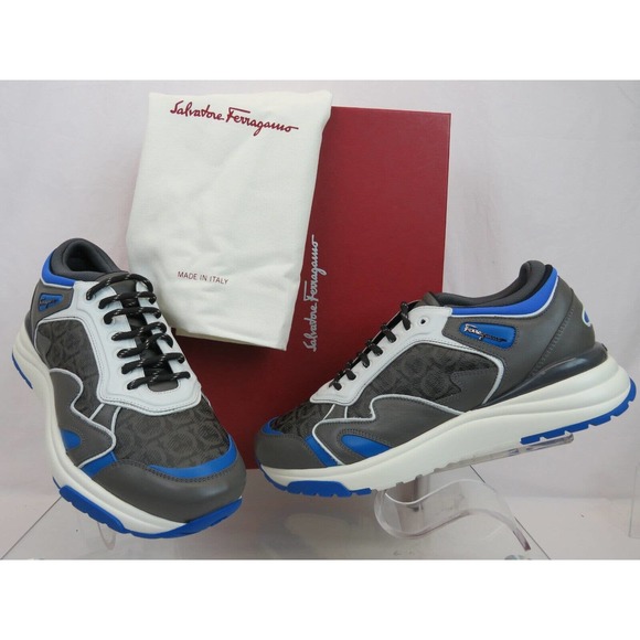 $795 FERRAGAMO THUNDERNOW GRAY BLUE WHITE LEATHER GANCINI SNEAKERS 8.5 ITALY main image 6